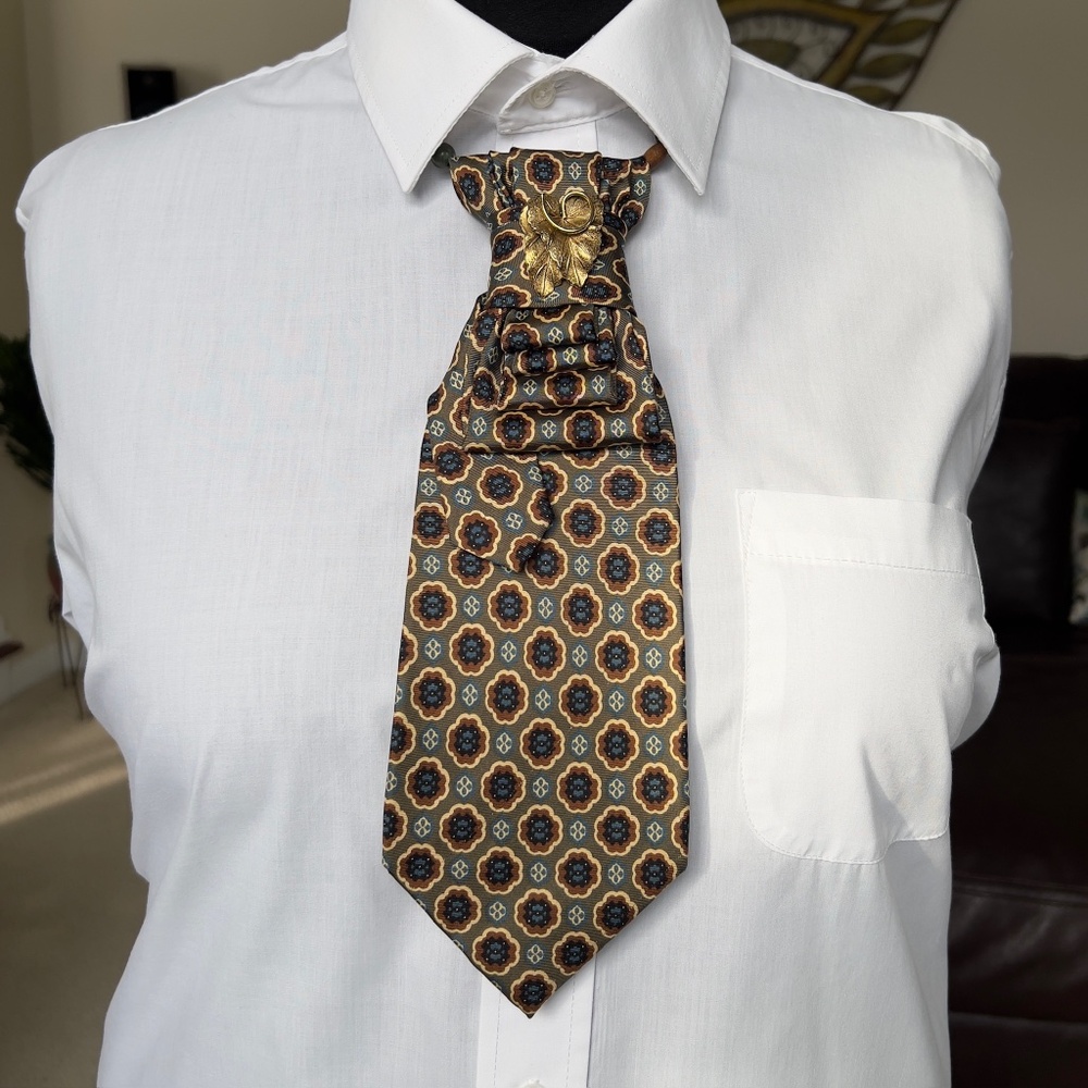 Upcycled Handmade Green and Brown Woman Silk Necktie, Gold Leaf Clip